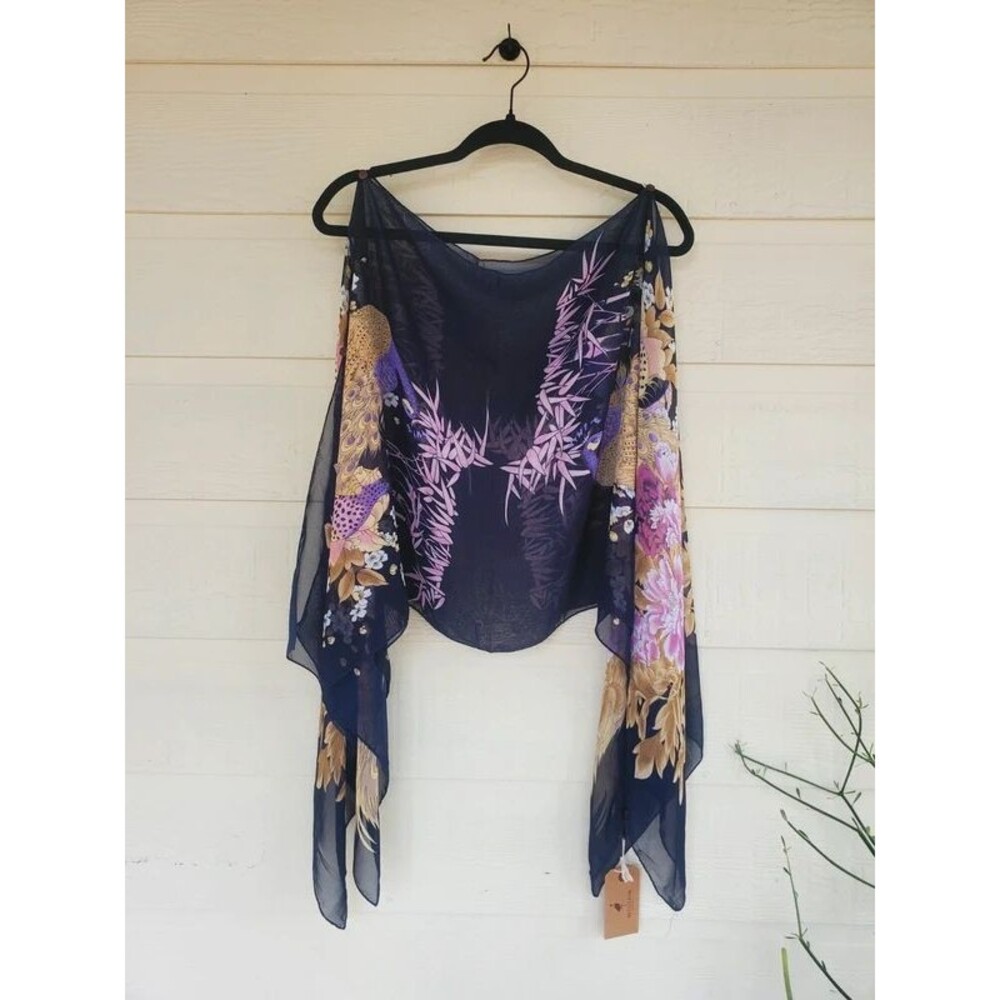 Melifluous Peacock Print Sheer Poncho Style Shawl
